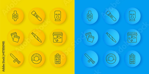 Set line Police rubber baton, Plastic bag with ziplock, Marijuana joint, Dictaphone, Evidence bullet, Human target sport for shooting, Balaclava and Flashlight icon. Vector