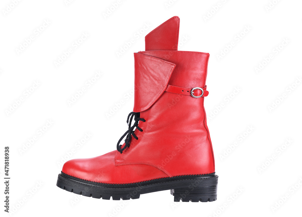 Women's autumn winter red leather boots with black soles on a white background. 