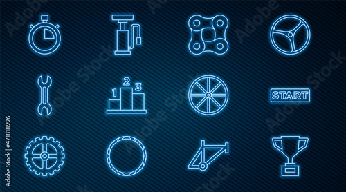Set line Award cup with bicycle, Ribbon in finishing line, Bicycle chain, over sports winner podium, Wrench spanner, Stopwatch, wheel and air pump icon. Vector