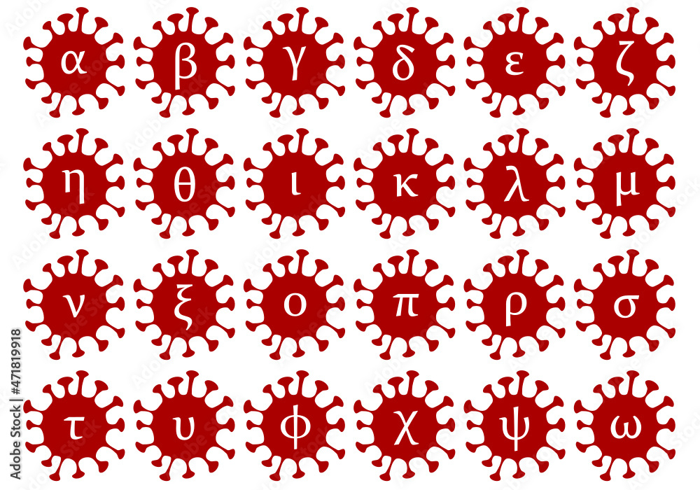 Vector illustration of Covid19 virus with letters of Greek alphabet