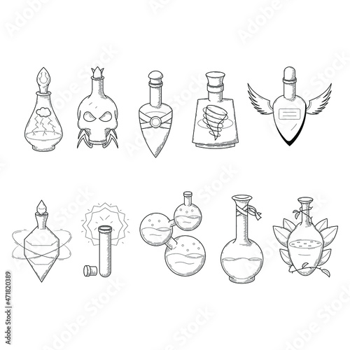 Set Black Simple Collection Line Glass Flask Doodle Outline Potion Drink Elixir Liquid With Splash Element Vector Design Style Sketch Isolated Illustration Magic Witchcraft
