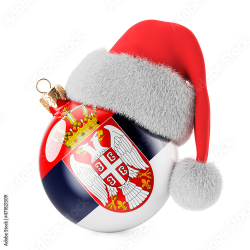 Tableau sur toile Christmas ball with Serbian flag and Santa Claus hat