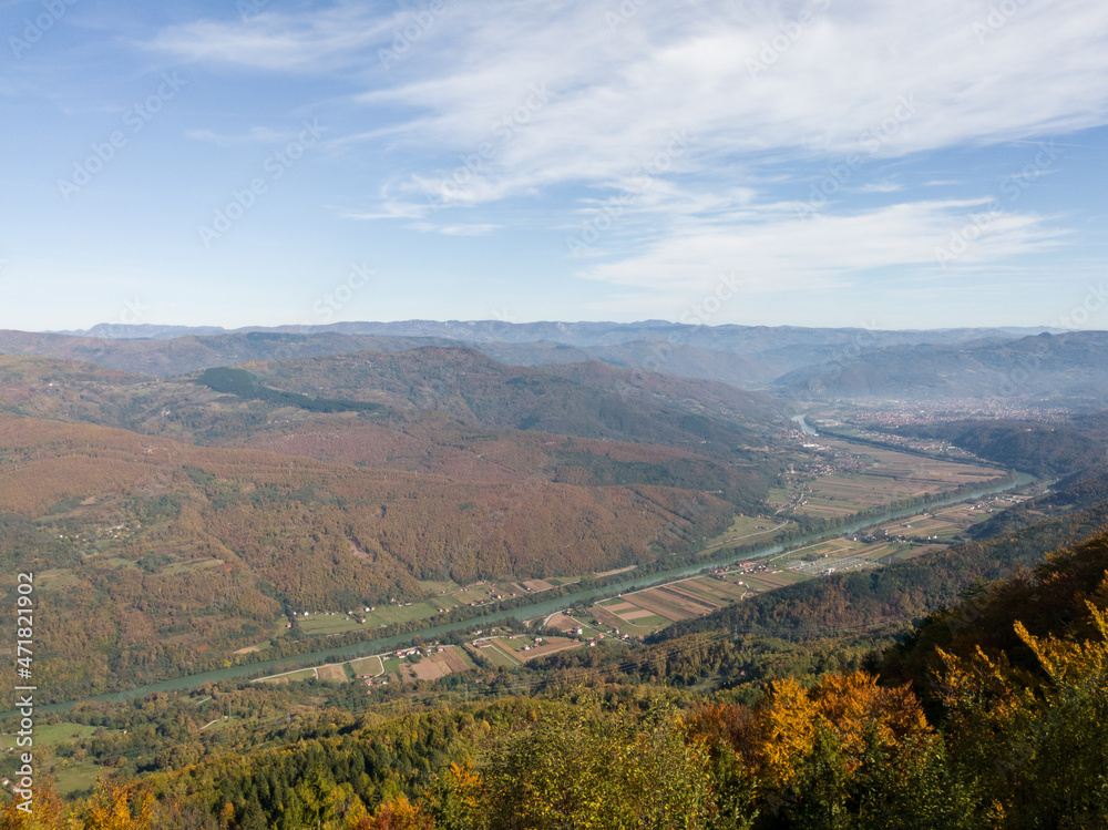 View of the Drina river valley towards Bajina Basta from the Oslusa lookout in the Tara National Park, Serbia.