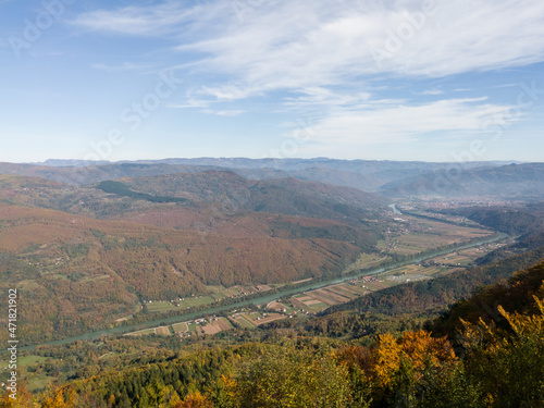 View of the Drina river valley towards Bajina Basta from the Oslusa lookout in the Tara National Park, Serbia.