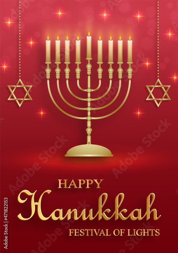 Happy Hanukkah card with nice and creative symbols and gold paper cut style on color background for Hanukkah Jewish holiday