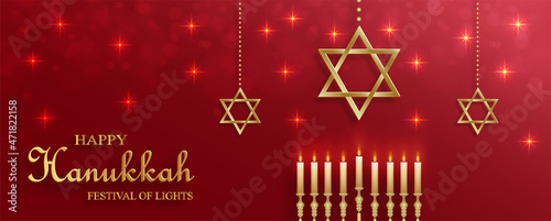 Happy Hanukkah card with nice and creative symbols and gold paper cut style on color background for Hanukkah Jewish holiday