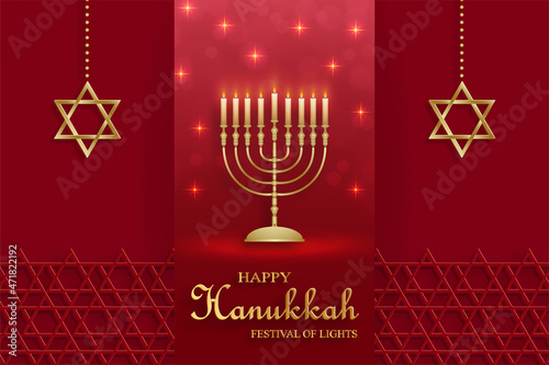 Happy Hanukkah card with nice and creative symbols and gold paper cut style on color background for Hanukkah Jewish holiday