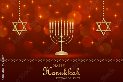 Happy Hanukkah card with nice and creative symbols and gold paper cut style on color background for Hanukkah Jewish holiday