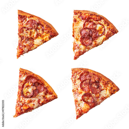  Slices of pepperoni italian pizza isolated on a white background