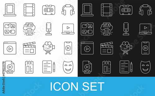 Set line Comedy theatrical mask, Online play video, Retro audio cassette tape, VFX, Storyboard, Makeup mirror with lights and Microphone icon. Vector
