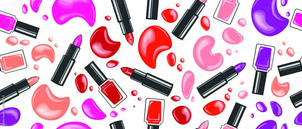 Beauty Care and Cosmetics Concept Vector Pattern. Different Colors Nail Polish and Lipsticks Vector Seamless Pattern. Can be used as wallpaper, wrapping paper poster or banner template interior Design Beauty Care and Cosmetics Concept Vector Pattern. Different Colors Nail Polish and Lipsticks Vector Seamless Pattern. Can be used as wallpaper, wrapping paper poster or banner template interior Design