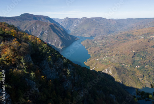 Lookout Banjska rock in Tara National Park, looking down to Lake Perucac and the Drina River canyon in Serbia photo