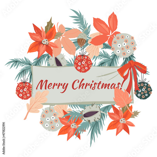 Christmas greeting card template with spruce tree and Poinsettia flower, flat vector illustration isolated on white background. Xmas and New Year holiday greeting cards and invitation backdrop.