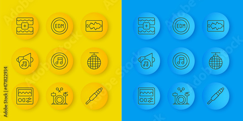 Set line Drum machine, Speaker volume, Music note, tone, Audio jack, Disco ball, wave equalizer, and EDM electronic dance music icon. Vector