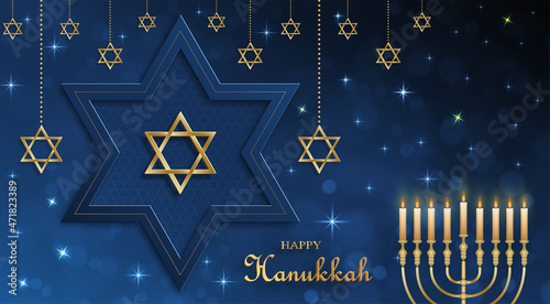 Happy Hanukkah card with nice and creative symbols on color background for Hanukkah Jewish holiday