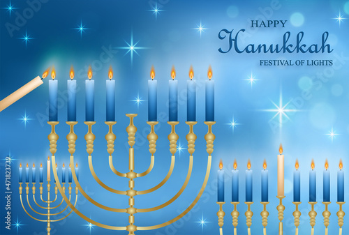 Happy Hanukkah card with nice and creative symbols on color background for Hanukkah Jewish holiday