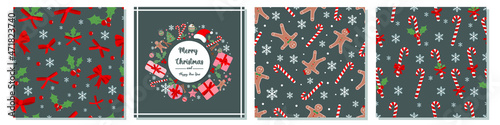 Merry Christmas and Happy New Year Greeting Card and decorative seamless patterns set. Christmas different patterns set collection on grey backgrounds. 