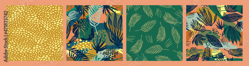 Set of abstract art seamless patterns with tropical leaves. Modern exotic design