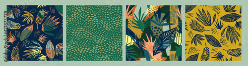 Set of abstract art seamless patterns with tropical leaves. Modern exotic design