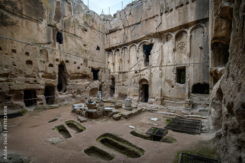 Gumusler Monastery and underground cave city in Nigde, Turkey. Unesco World Heritage site in Central Anatolia, Cappadocia region.