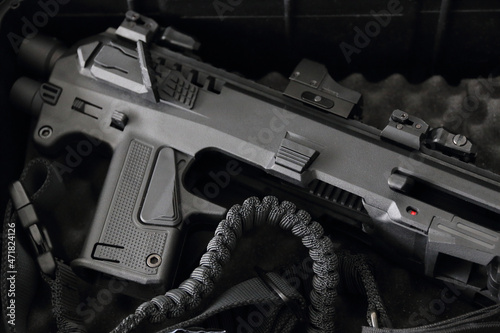 Closeup of an Israeli pistol to carbine conversion kit for pistols in a black case. SBR Small barrelled rifle.