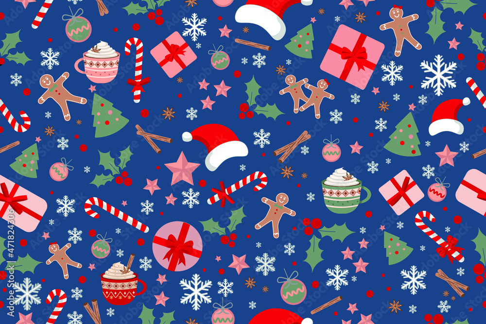 New Year 2022 and Christmas Creative Decorations Vector Seamless Pattern on Green. Stunning Christmas Elements Texture Wallpaper, Gift wrapping paper, Banner Poster Layout or card template design. 