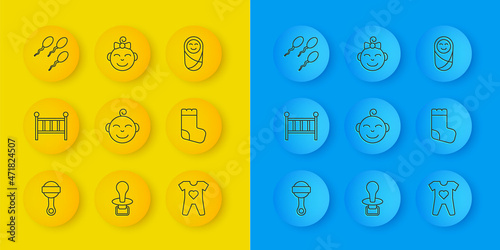 Set line Rattle baby toy, Baby crib cradle bed, Little boy head, clothes, socks, Sperm, Newborn infant swaddled and girl icon. Vector