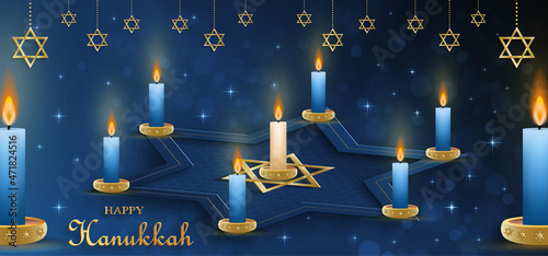 Happy Hanukkah card with nice and creative symbols on color background for Hanukkah Jewish holiday