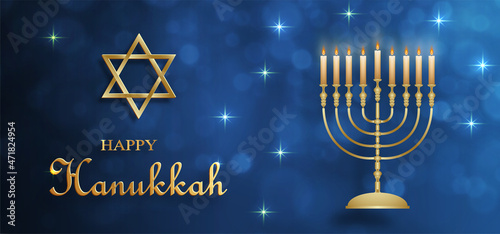 Happy Hanukkah card with nice and creative symbols on color background for Hanukkah Jewish holiday
