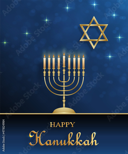Happy Hanukkah card with nice and creative symbols on color background for Hanukkah Jewish holiday