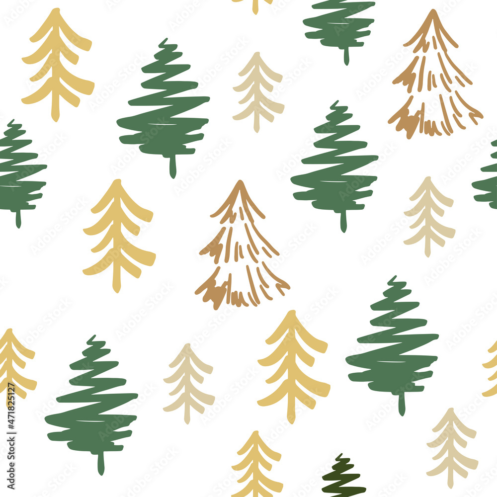 Obraz premium Christmas trees silhouette seamless pattern on a white background. Vector illustration of doodle style. Symbol of the new year