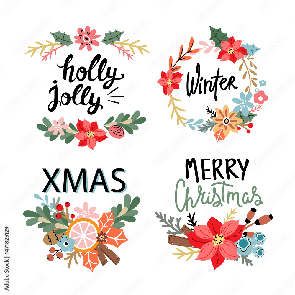 Obraz premium Christmas wreath collection. Vector illustration preparation for the new year, winter holidays