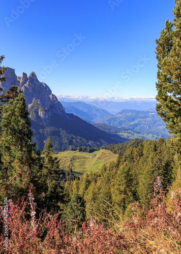 Scenic view from Seiser Alm to the Schlern mountain and the valley in South Tyrol