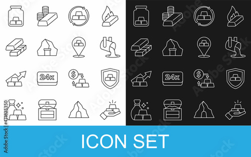 Set line Gold bars, with shield, Molten gold being poured, exchange money, mine, and icon. Vector