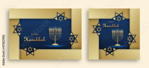 Happy Hanukkah set card with nice and creative symbols on color background for Hanukkah Jewish holiday