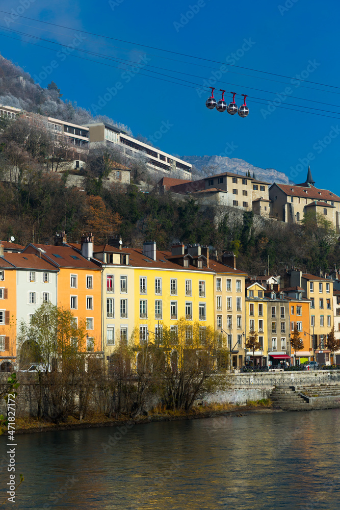 View on Grenoble with cable car in France outdoors.
