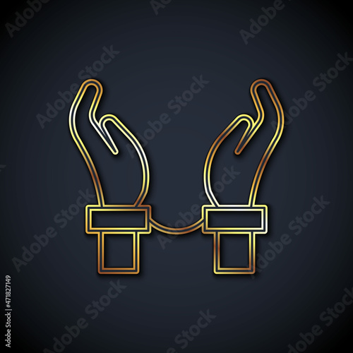 Gold line Handcuffs on hands of criminal man icon isolated on black background. Arrested man in handcuffs. A crime, arrest, business and corruption concept. Vector