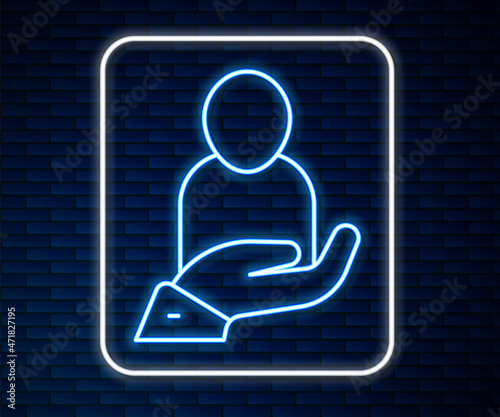 Glowing neon line Life insurance in hand icon isolated on brick wall background. Security, safety, protection, protect concept. Vector