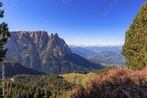 Scenic view from Seiser Alm to the Schlern mountain and the valley in South Tyrol photo