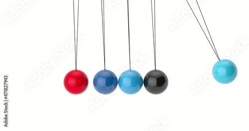 4k Resolution Video: Colorful Metal Newton's Cradle Pendulum Balls Spheres Swinging Back and Forth Loop Animation
