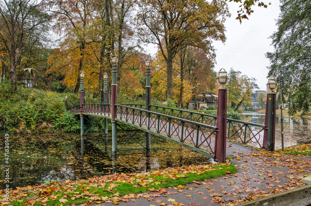 Deventer, The Netherlands, November 14, 2021: pedestrian bridge towards the Bird Island in the park on the former fortifications