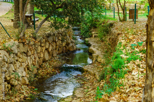 Kesalon Stream, trees, picnic tables, and fall foliage, En Hemed photo