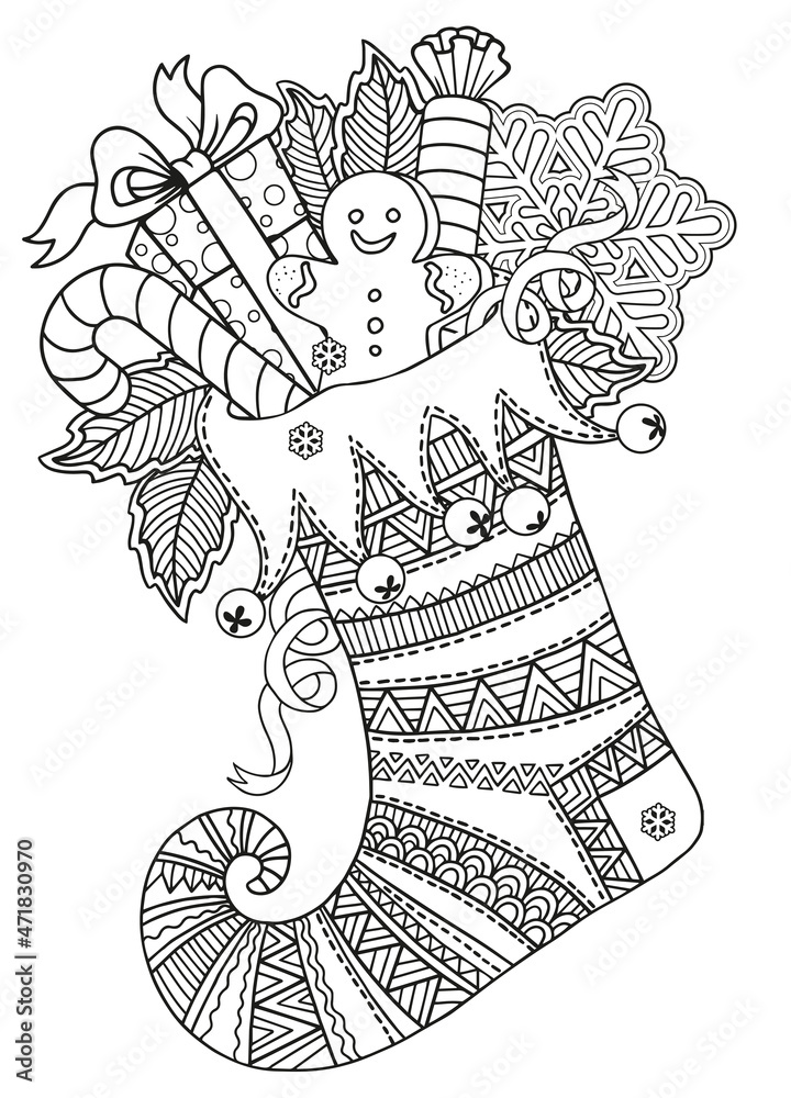 Fototapeta premium Cute knitted Christmas sock with sweet gifts from Santa Claus. Vector mandala coloring page for adults. Page for coloring book and Christmas design