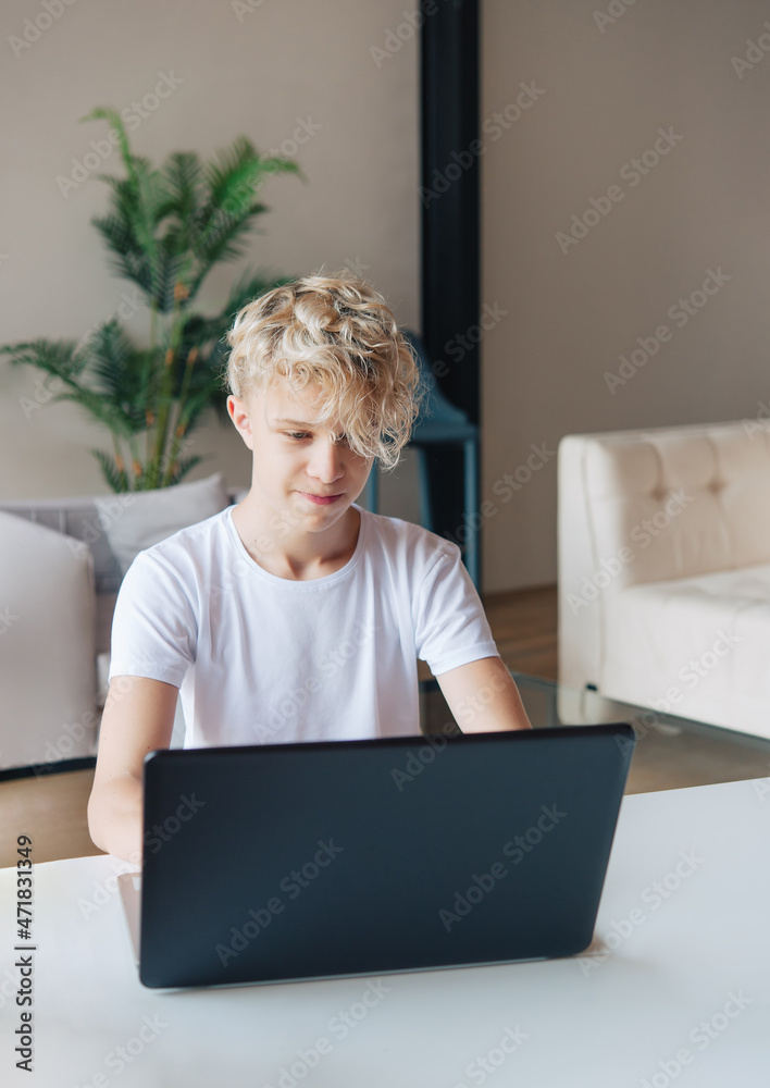 teenager is studying at the laptop. Doing homework. Remote school. teenager is studying at the laptop. Doing homework. Remote school.
