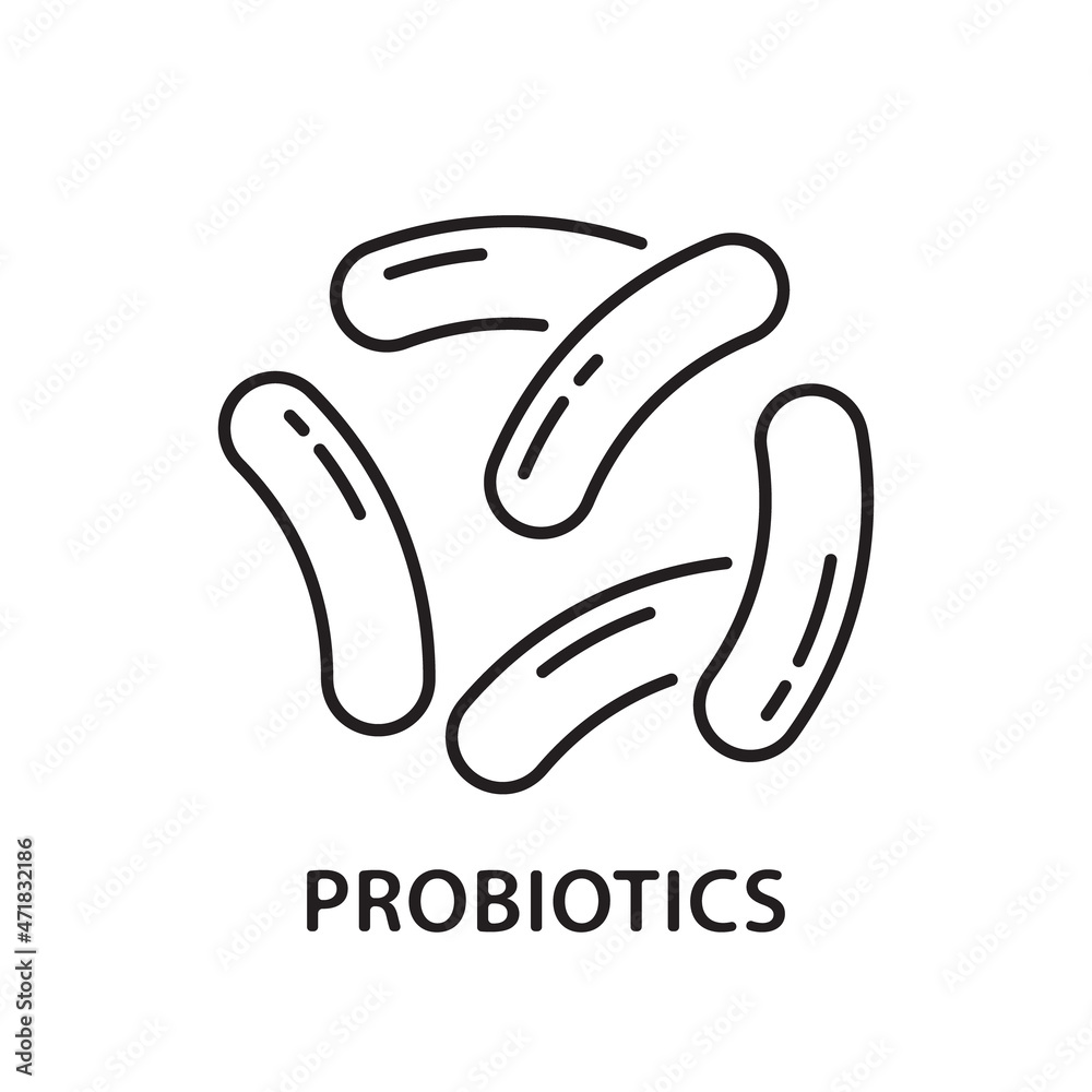 Probiotics linear icon. Outline simple vector of beneficial microorganisms or live bacteria. Contour isolated pictogram on white background Probiotics linear icon. Outline simple vector of beneficial microorganisms or live bacteria. Contour isolated pictogram on white background