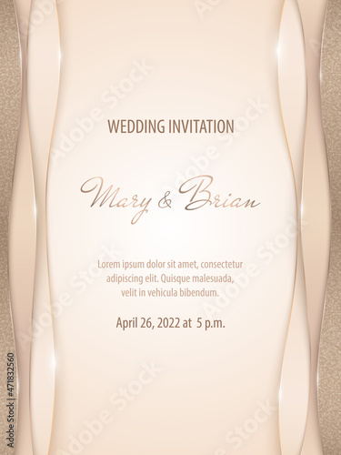 Vector abstract shiny luxury wedding invitation in paper cut style with golden lines, glitter and copy space. Elegant multi-layered modern card template on a background in beige and brown colors