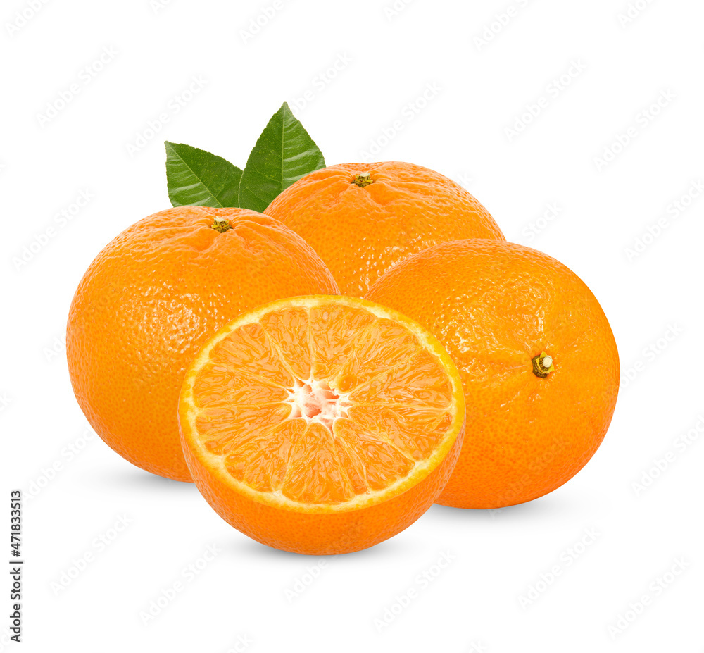 Fresh orange with leaves isolated on white background
