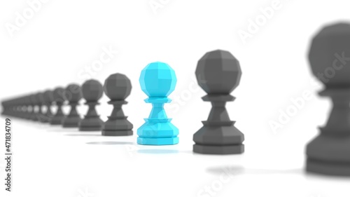 Blue pawn of chess  standing out from the crowd of gray.