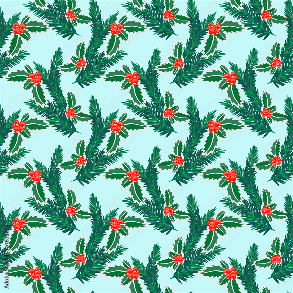 Vector - winter plant with holly , fir and berries, seamless pattern. Vector - winter plant with holly , fir and berries, seamless pattern.