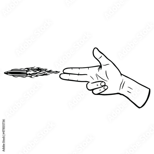 Fingers gun. Hand firing a bullet. Black and white hand drawn vector illustration isolated. Flying Bullet Pistol